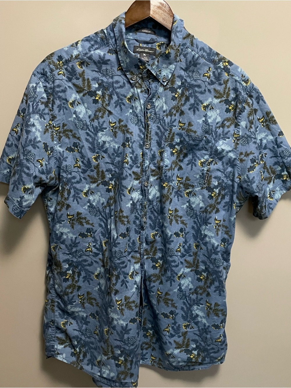 Eddie Bauer Blue Floral Short Sleeve Button Down Shirt Classic Fit Men TXL